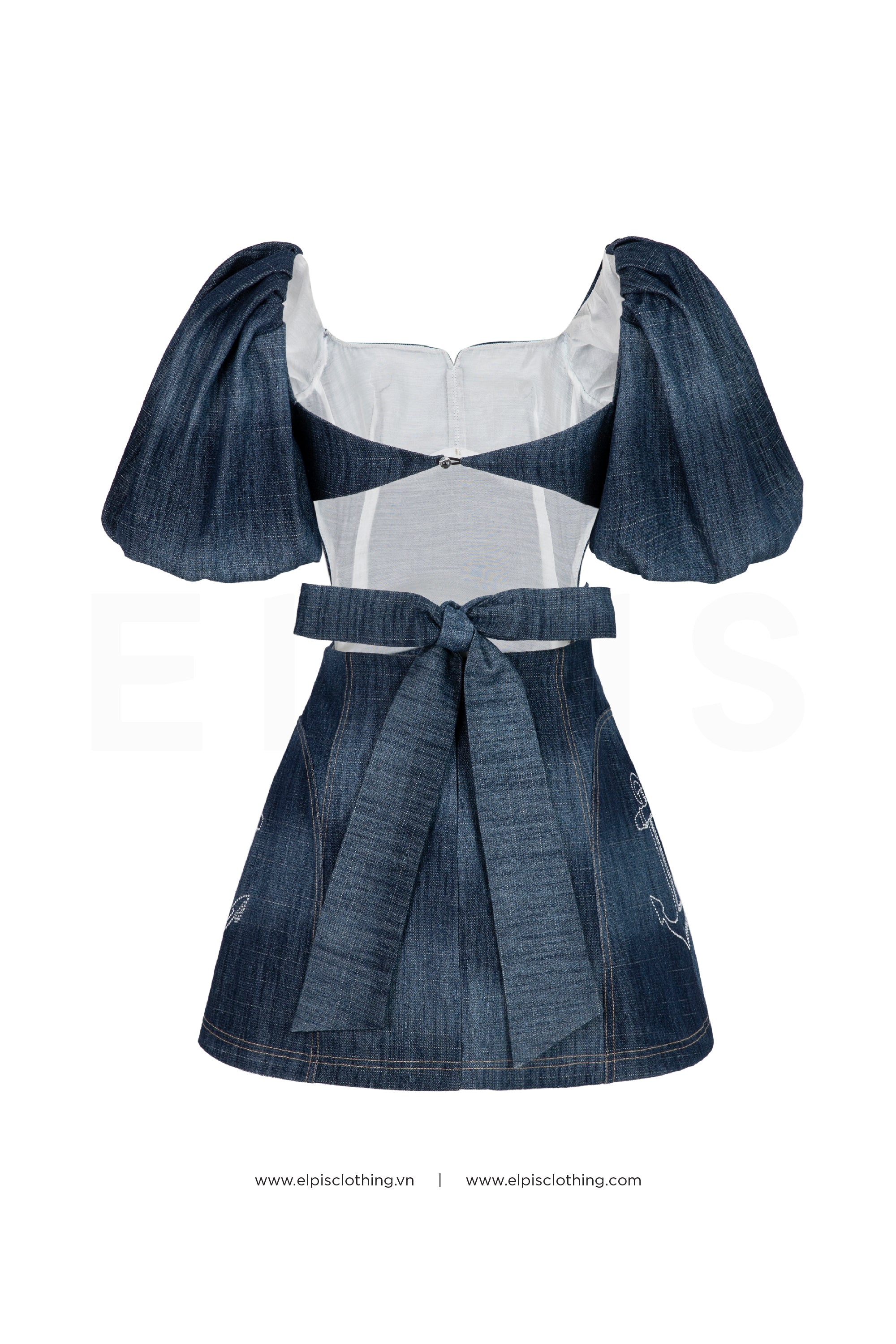 Mini A-line Jeans Dress featuring square neckline puff sleeves | SS23D88