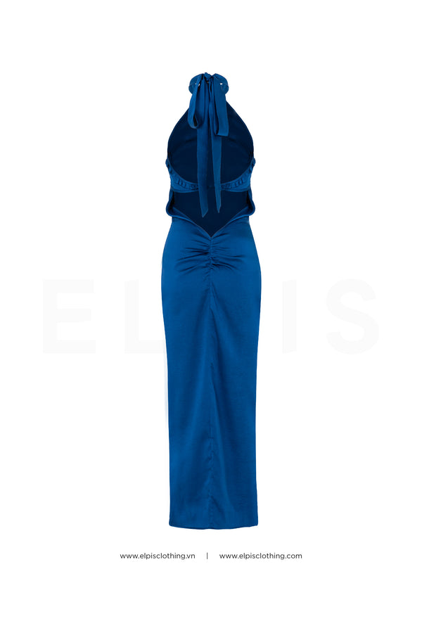silk body dress featuring healter neck open back | SS23D92