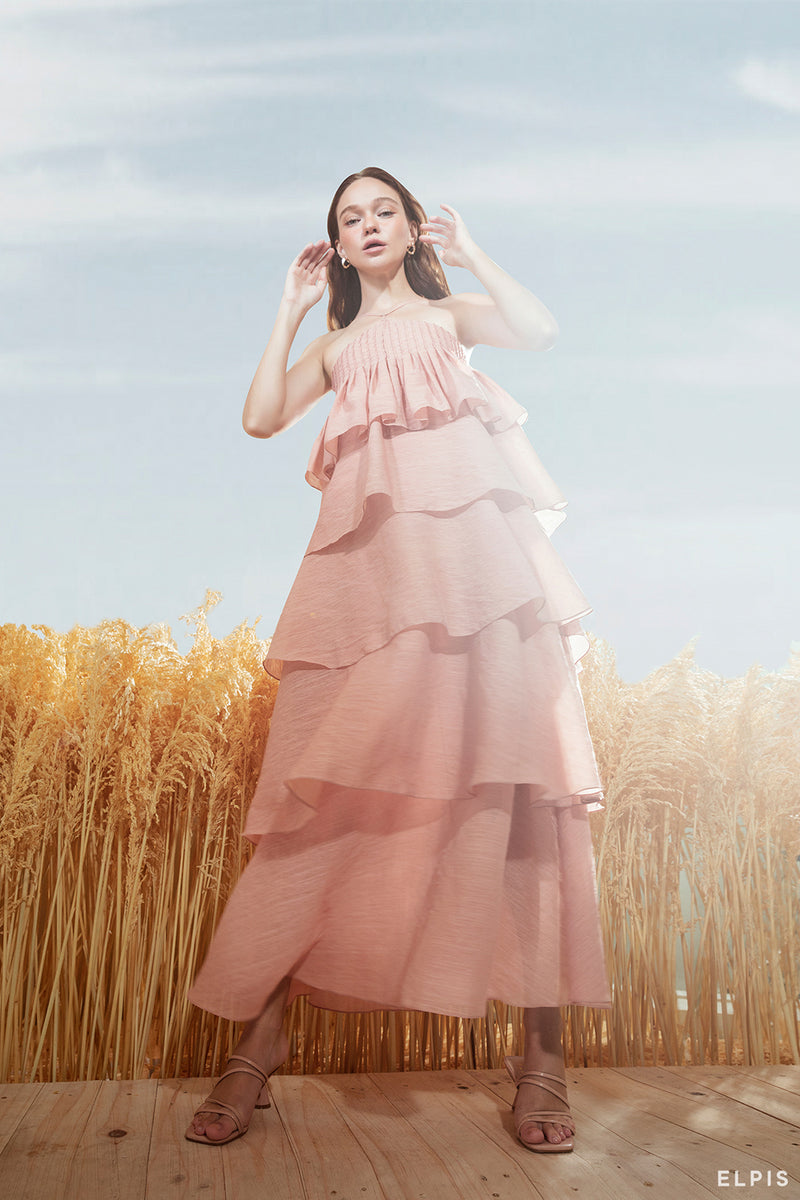 Maxi dress featuring ruffle layers, halter neckline | RS21D47