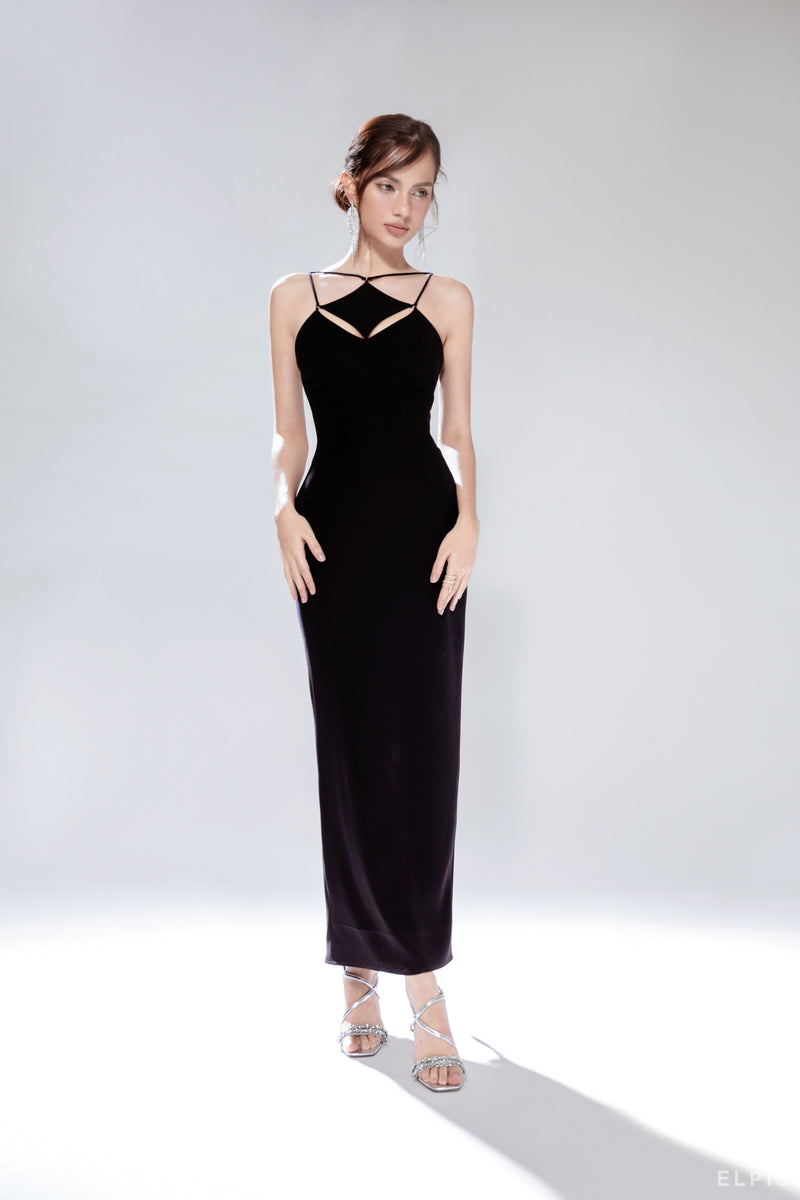 Body dress featuring halter neckline, cut-out detailing, ankle length | FW21D08