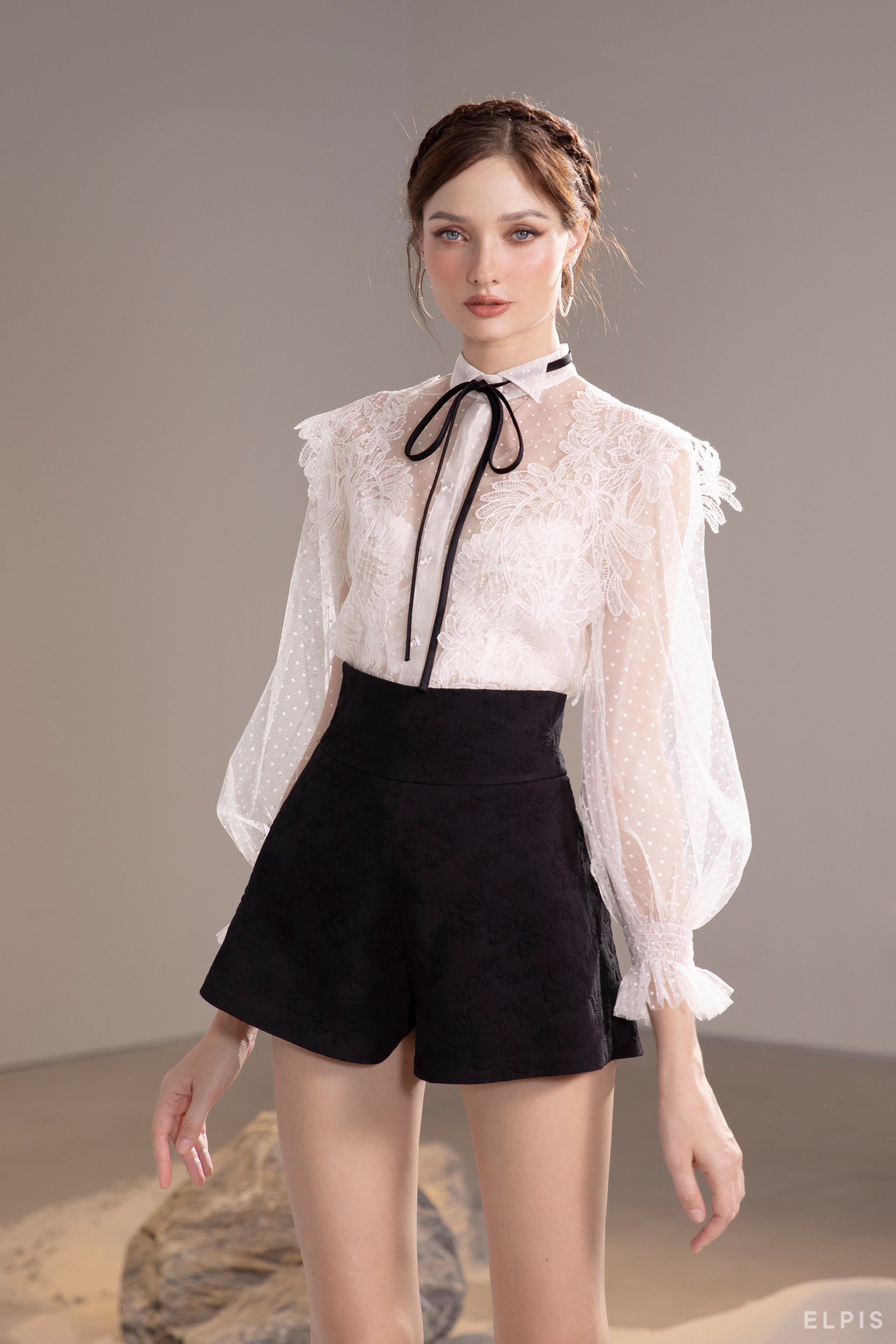 See through shirt featuring pussy bow collar, bishop sleeves, embroidery lace | SS21T32