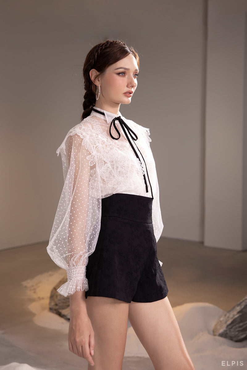 See through shirt featuring pussy bow collar, bishop sleeves, embroidery lace | SS21T32
