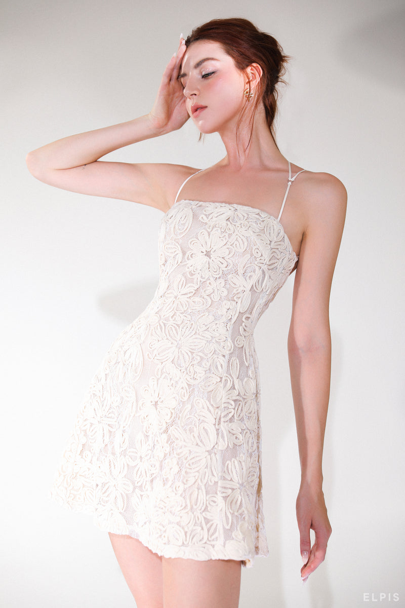 Mini A-line dress featuring square neckline, cut-out detailing, open back | SS22D10