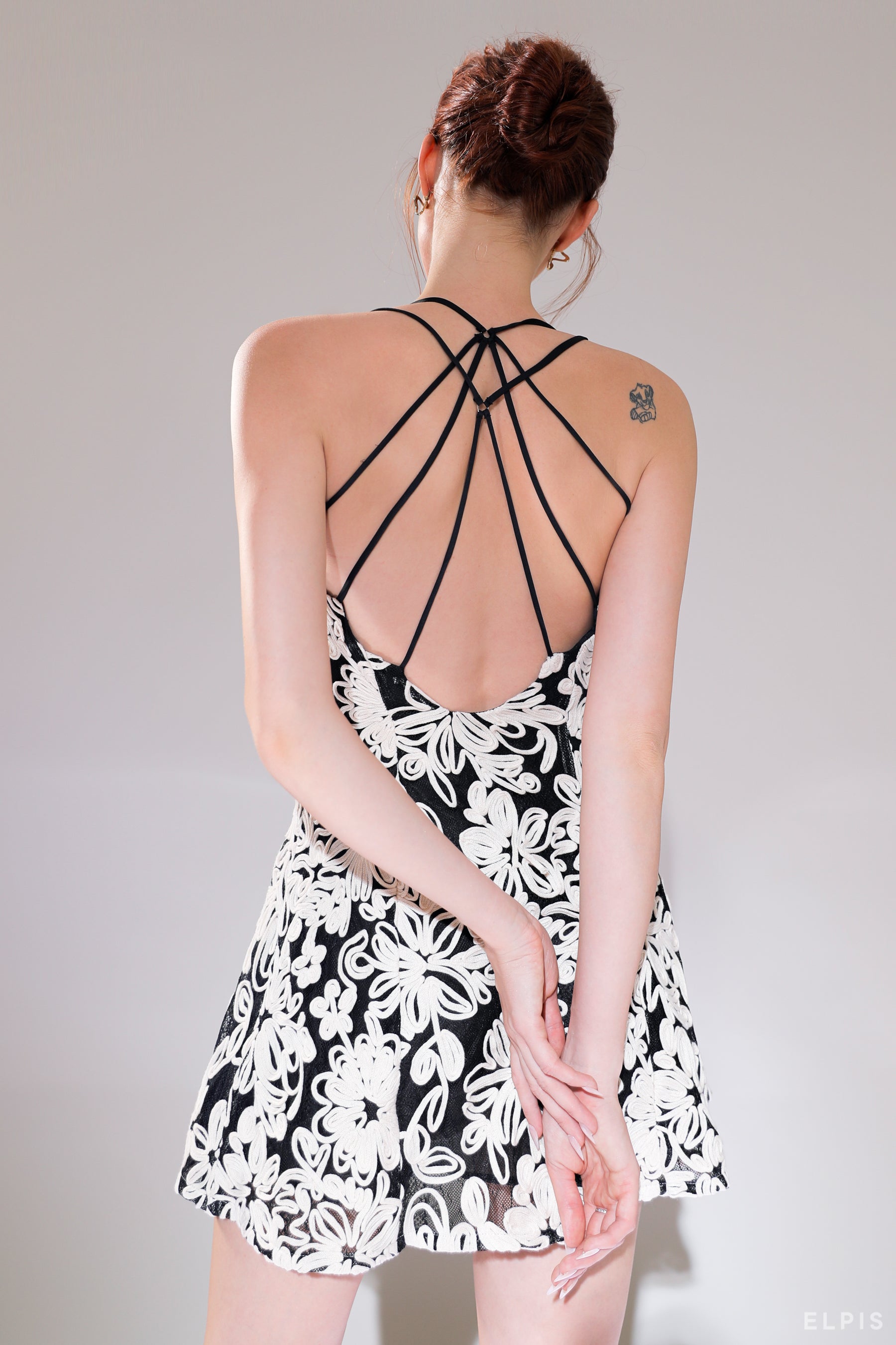 Mini A-line dress featuring square neckline, cut-out detailing, open back | SS22D10