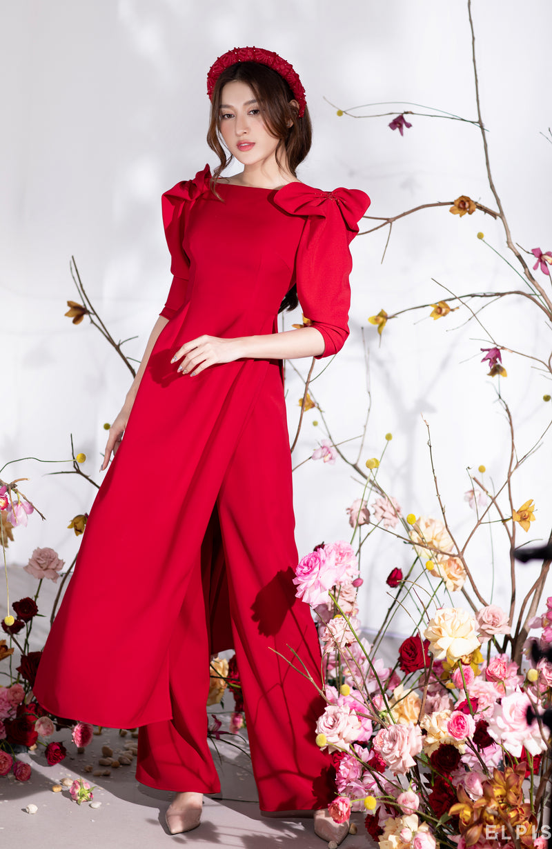 Ao dai featuring bateau neckline, wrapping detailing. | PHU QUY